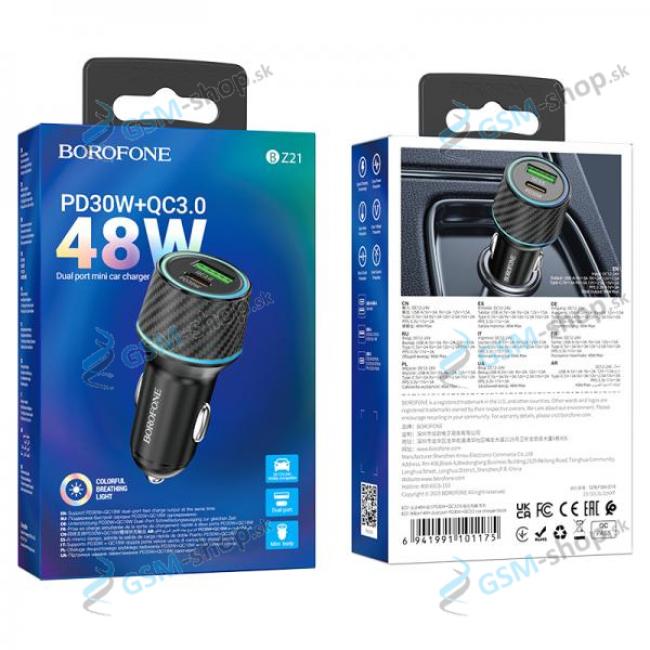 Adaptr do auta BOROFONE BZ21 USB a USB-C QC 3.0 PD 48W ierny 3A