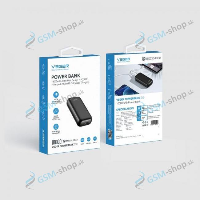 PowerBank VEGER S10 10 000 mAh QC 3.0 PD 20W s LED displejom ierna