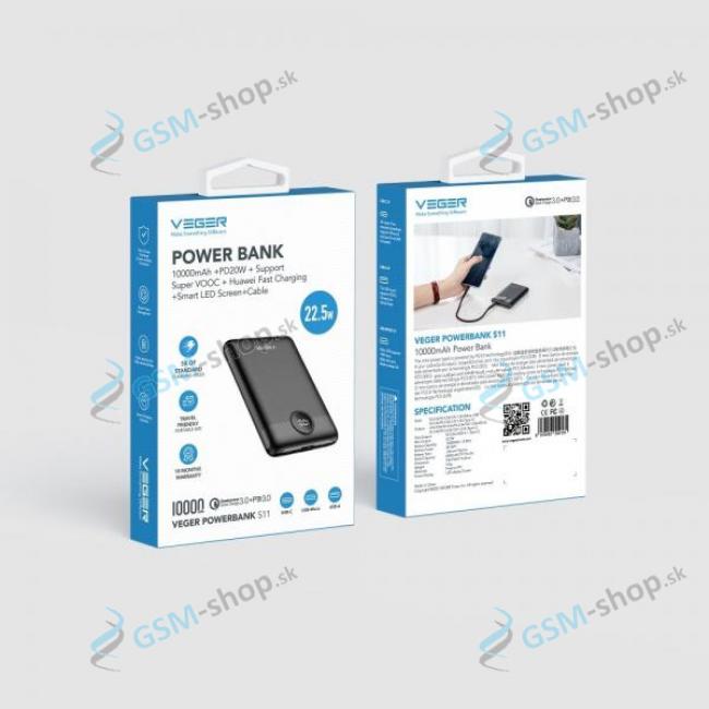 PowerBank VEGER S11 10 000 mAh QC 3.0 PD 22,5W s LED displejom ierna