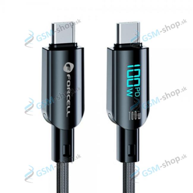 Datakbel FORCELL C277 USB-C a USB-C PD 100W QC4.0 1,2 metra 5A s LED displejom ierny